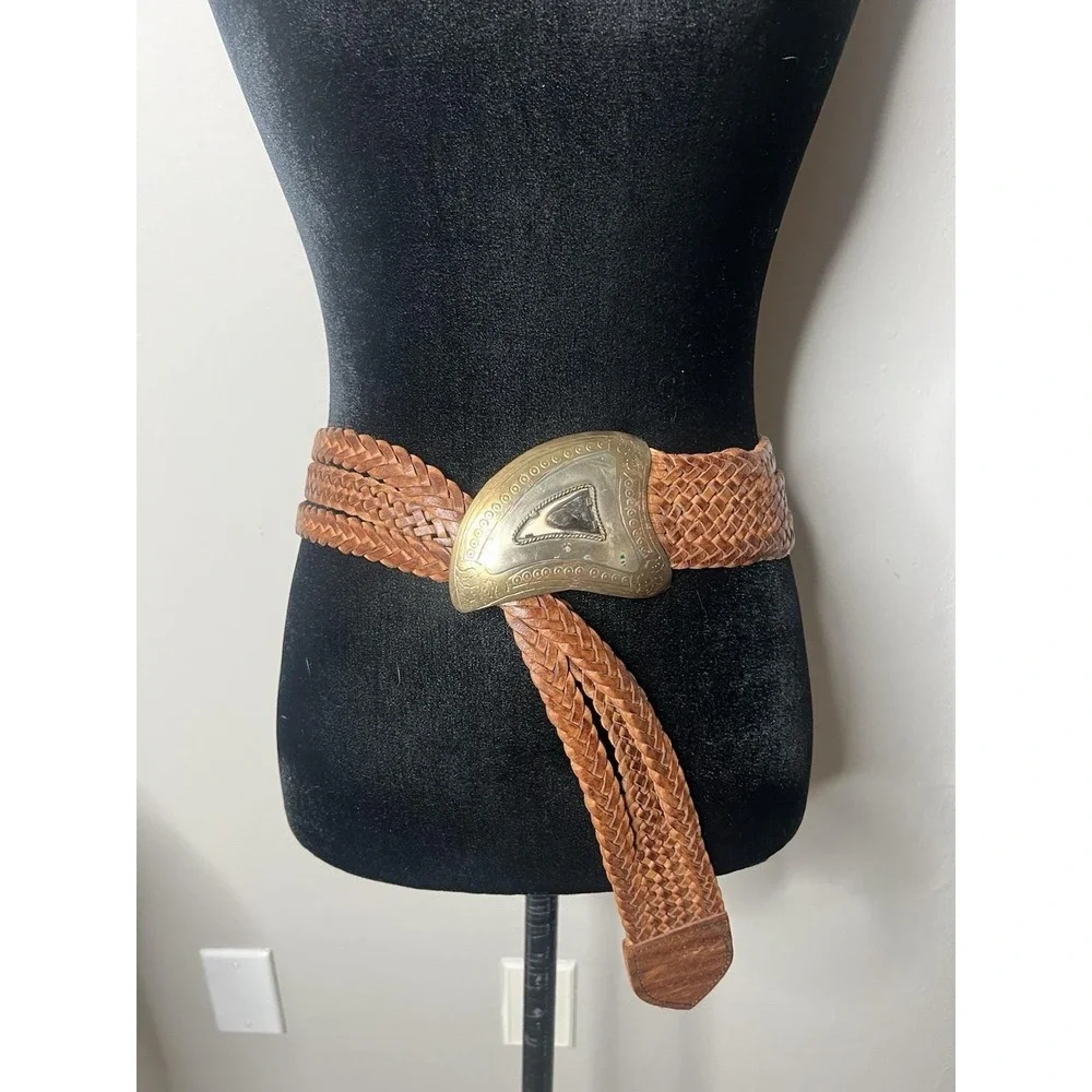 Chicos MOROCCAN BELT Braided Leather Belt, Silver-Toned Metal Vintage S/M
